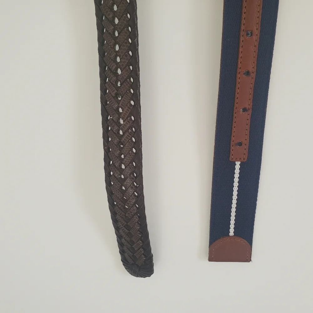 Men's belts 2-pk Size 42, 1-leather brown weave & 1-navy fabric & leather